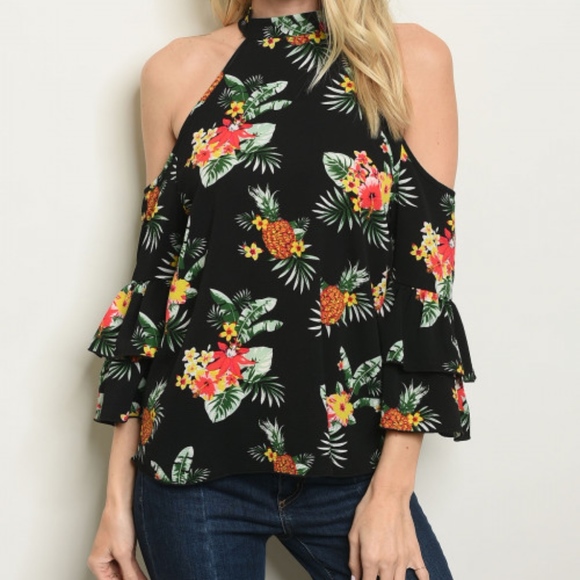 Trend Setter Diva Boutique Tops - PINEAPPLE & FLORAL PRINT COLD SHOULDER TOP